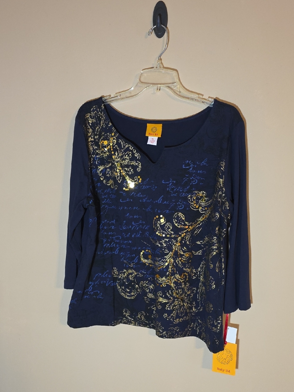 Womens NWT Ruby Rd. The Midas Touch 3/4 Sleeve Top Navy Blue W/Gold Size XL